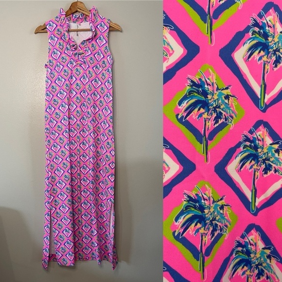 Lulu-B | Pink Tropical Palm Tree Print Ruffle Maxi Dresss - Picture 1 of 9